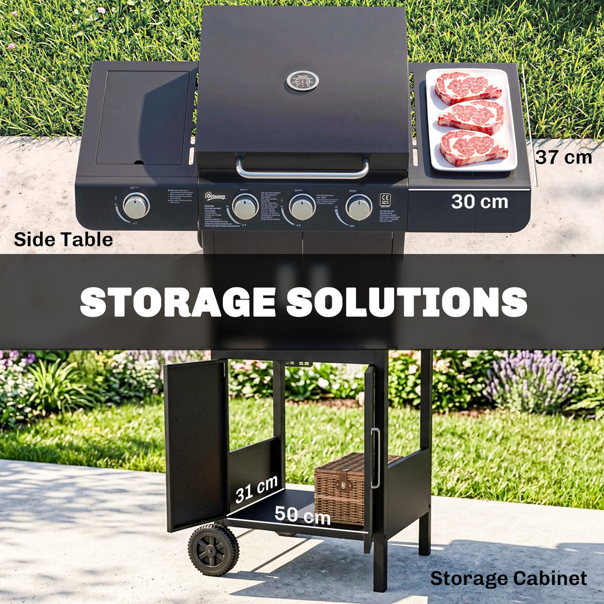 Black gas BBQ grill trolley showing side shelves and open storage cabinet