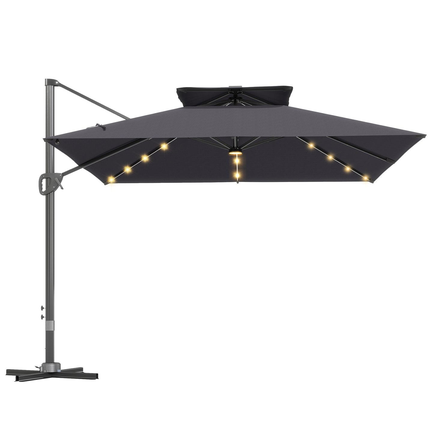 Photo of Outsunny 3.5x3 m Garden Cantilever Parasol with Solar LED Lights and Centre Light, Aluminium Large Square Patio Umbrella, UPF50+ Hanging Sun Shade with Cross Base, Crank Handle and Tilt, Grey in Grey colour on a white background