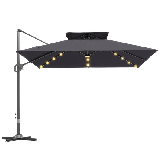 Photo of Outsunny 3.5x3 m Garden Cantilever Parasol with Solar LED Lights and Centre Light, Aluminium Large Square Patio Umbrella, UPF50+ Hanging Sun Shade with Cross Base, Crank Handle and Tilt, Grey in Grey colour on a white background