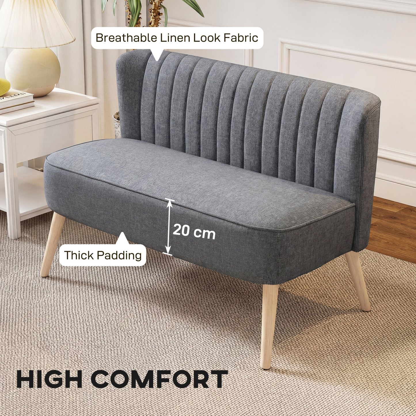 HOMCOM 117cm Loveseat Sofa Upholstered Small 2 Seater Sofa with Thick Padded Seat and Rubber Wood Legs, Grey