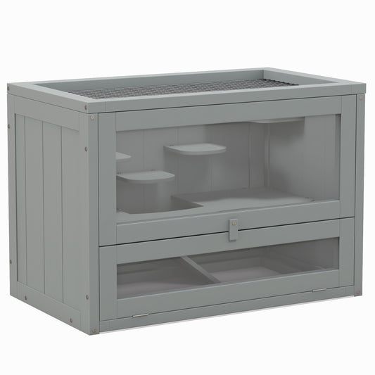 Photo of PawHut Wooden Hamster Cage Mouse Mice Rodent Small Animals Hutch Exercise Play House 60 x 35 x 42cm, Grey in Grey colour on a white background