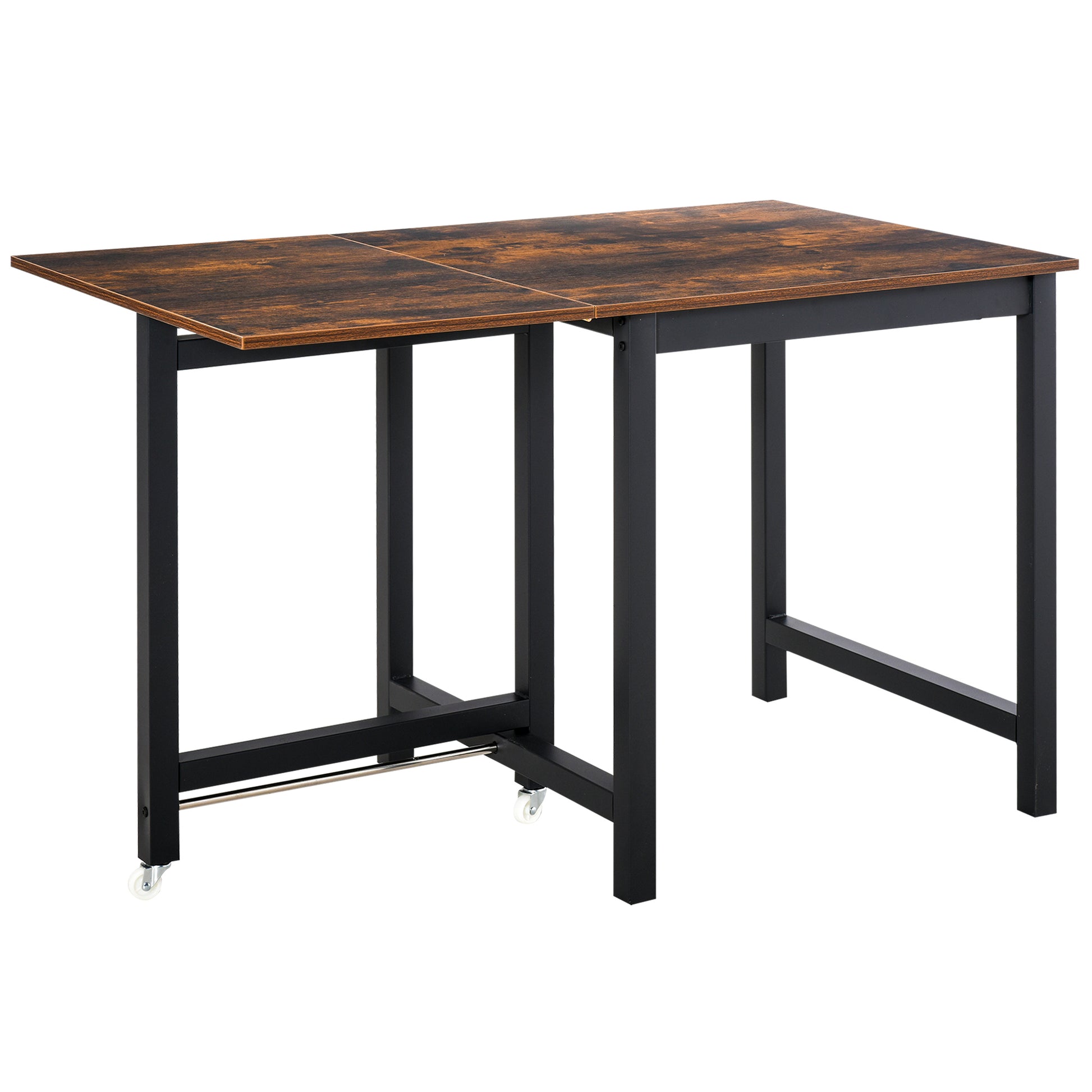 Photo of HOMCOM Folding Dining Table, Industrial Drop Leaf Table with Wheels and Metal Frame for Kitchen, Dining Room, Space Saving, Rustic Brown in Brown colour on a white background