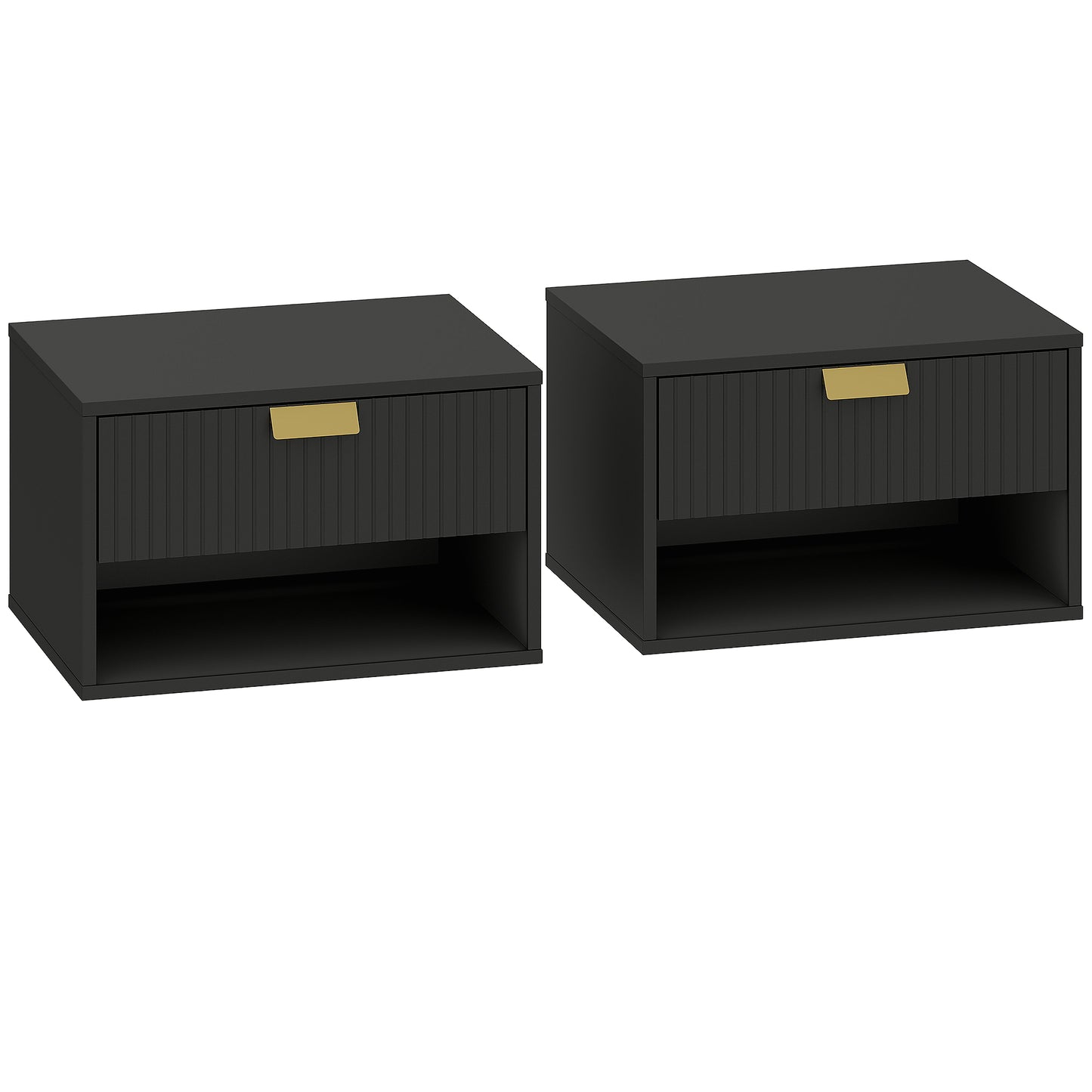 Photo of HOMCOM Set of 2 Wall Mounted Nightstands, Floating Bedside Tables with Fluted Drawer and Open Shelf for Small Bedroom, Black in Black colour on a white background
