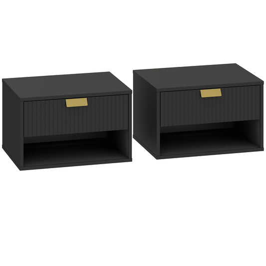 Photo of HOMCOM Set of 2 Wall Mounted Nightstands, Floating Bedside Tables with Fluted Drawer and Open Shelf for Small Bedroom, Black in Black colour on a white background