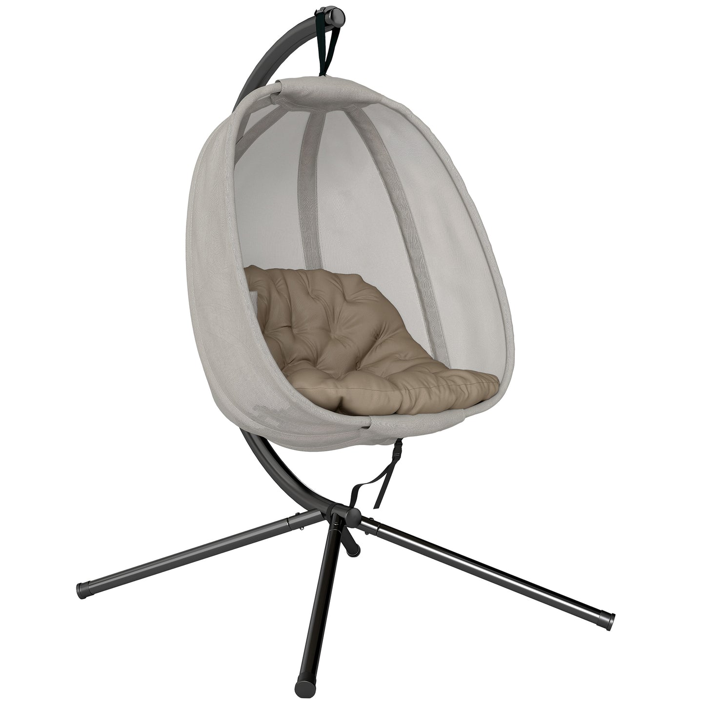 Photo of Outsunny Hanging Egg Chair, Folding Texteline Swing Hammock with Side Pocket, Cushion and Stand for Indoor Outdoor, Patio Garden Furniture, Khaki in Khaki colour on a white background