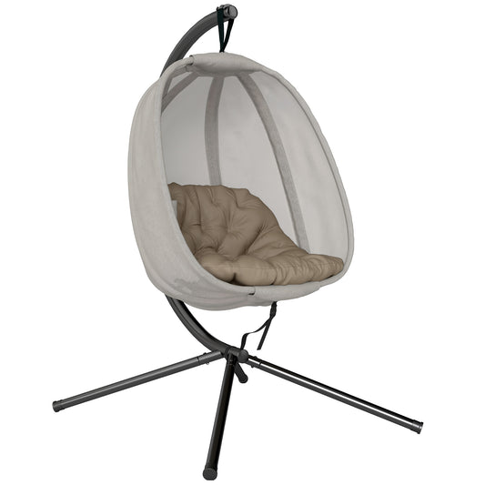 Photo of Outsunny Hanging Egg Chair, Folding Texteline Swing Hammock with Side Pocket, Cushion and Stand for Indoor Outdoor, Patio Garden Furniture, Khaki in Khaki colour on a white background