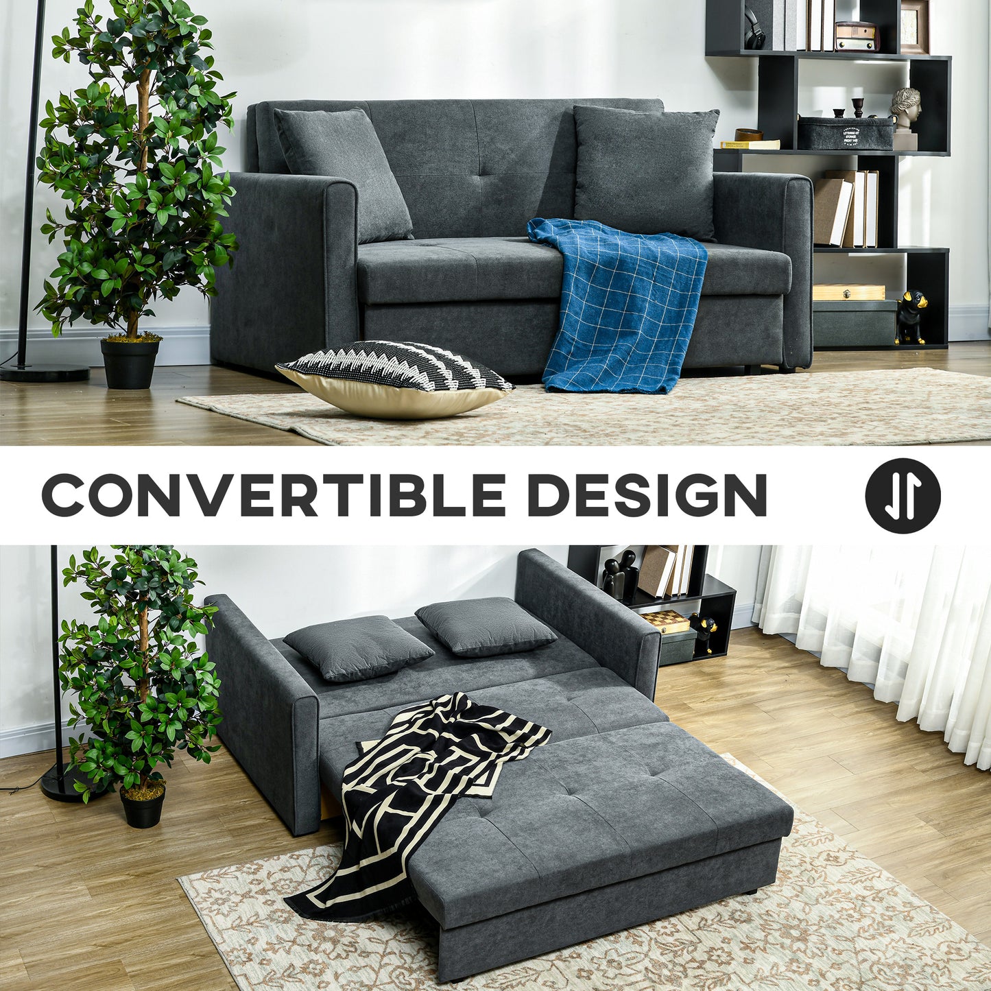 HOMCOM 2 Seater Sofa Bed with Hidden Storage, Pull Out Convertible Bed Settee, Modern Snow Flannel Loveseat Sofa Sleeper with 2 Cushions for Living Room, Guest Room, Dark Grey