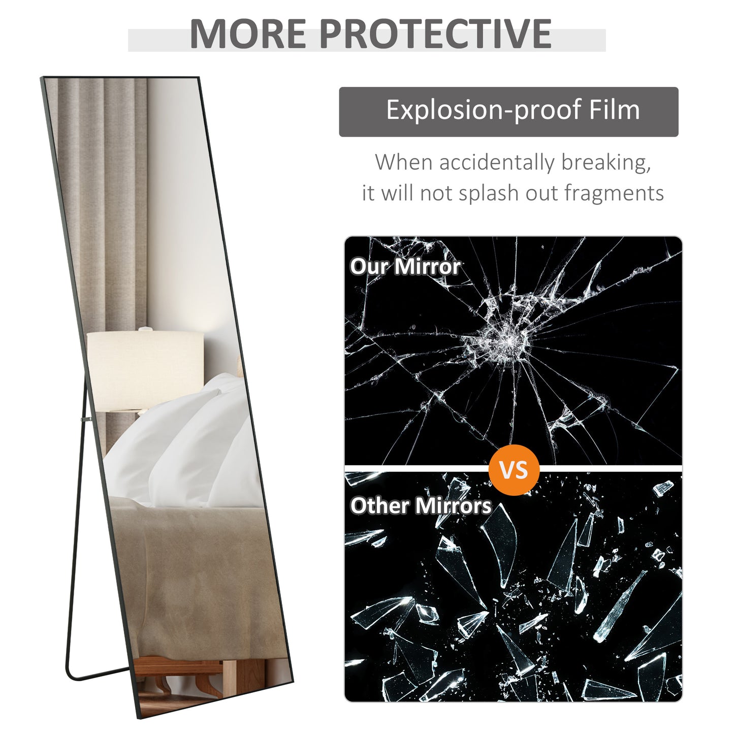HOMCOM Full Length Mirror, Aluminium Alloy Framed Full Body Mirror with Shatterproof Layer, Standing or Wall Hanging, Black