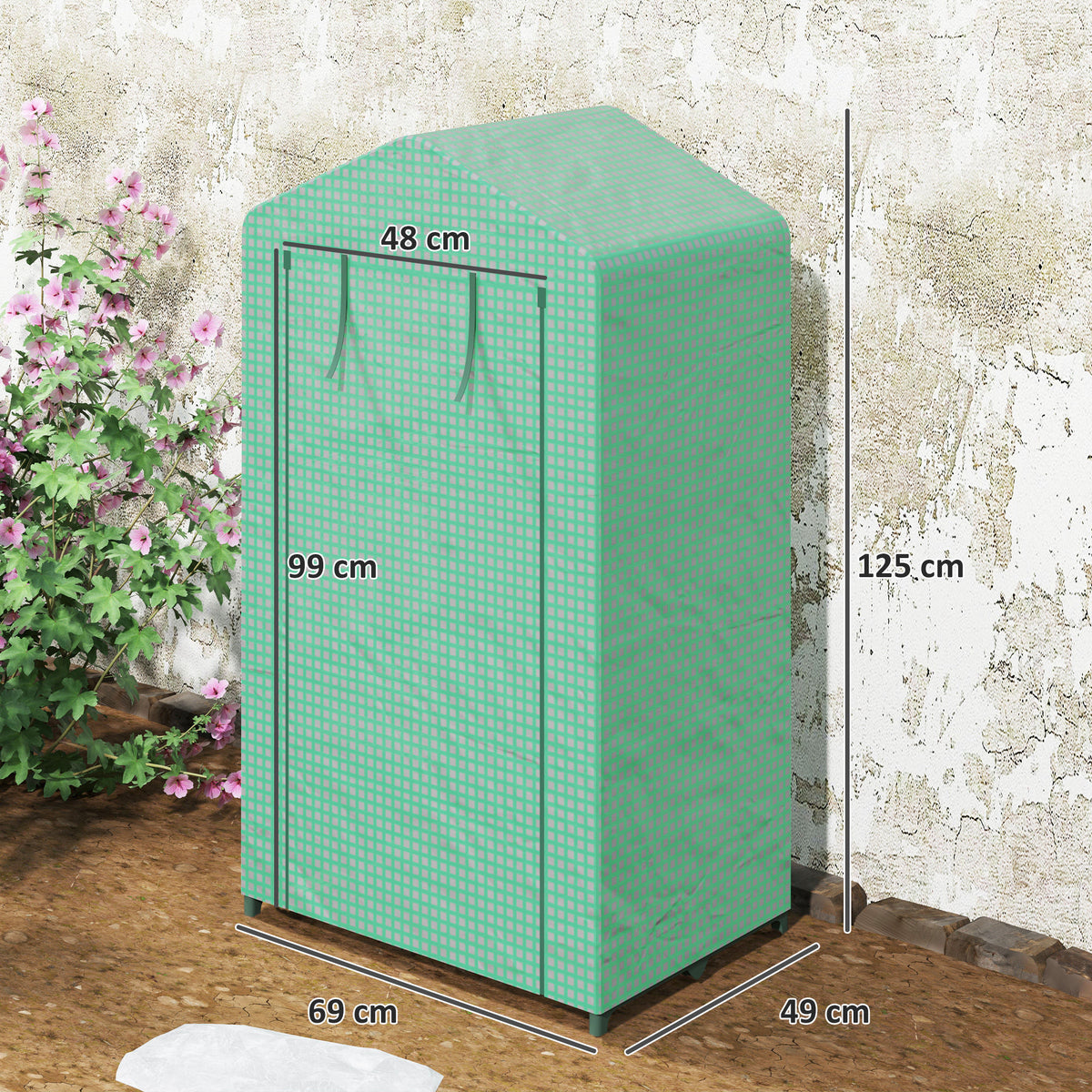 Outsunny green mini greenhouse with closed cover, shown with dimensions of 69 × 49 × 125 cm
