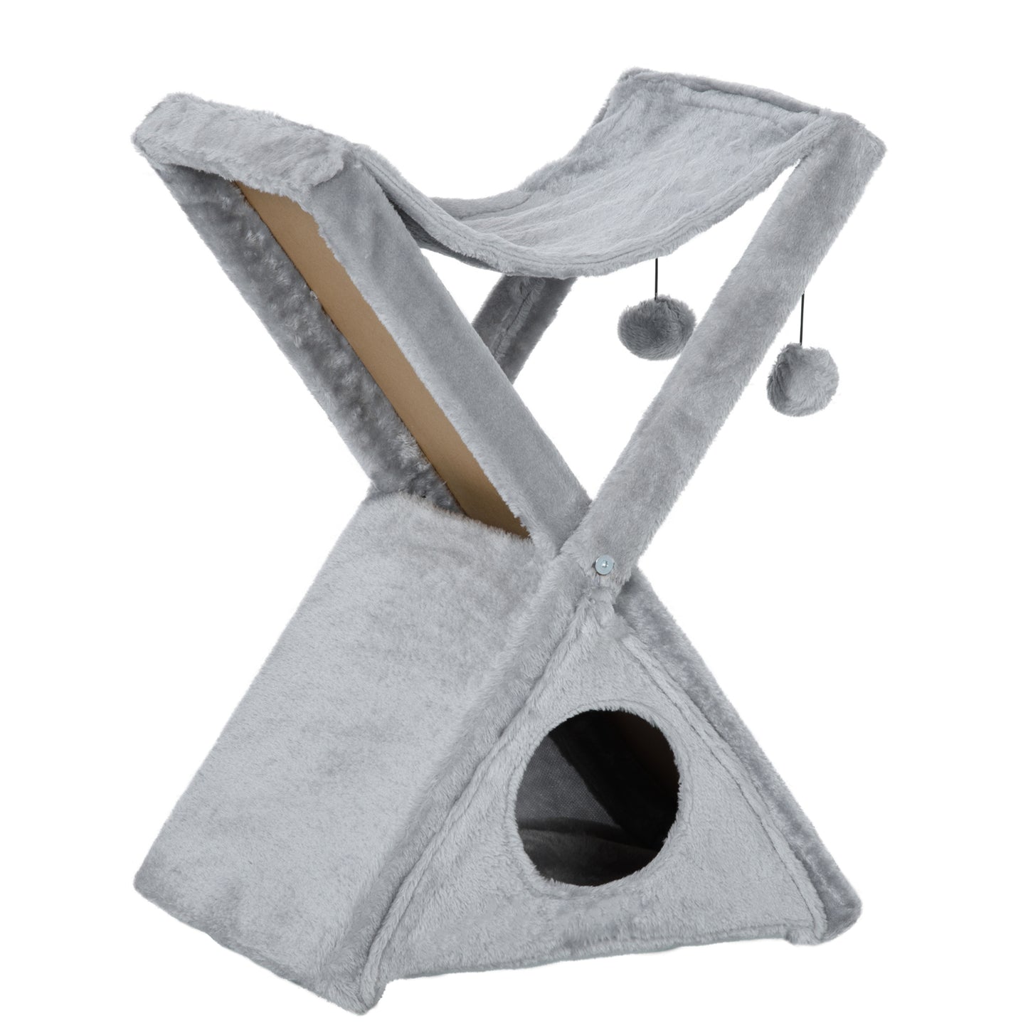 Photo of PawHut Two Tier Cat Tree for Indoor Cats Play Rest Activity Tower Plush Folding Relax Center w/ Scratching Post Hammock Pom Poms Grey in Grey colour on a white background