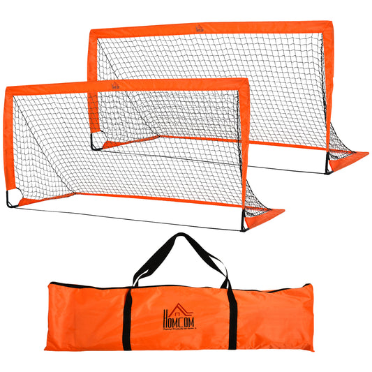 Photo of HOMCOM Set of 2 Football Goal Net 6 x 3 ft Foldable Outdoor Sport Training Teens Adults Football with Carrying Bag Orange in Orange colour on a white background