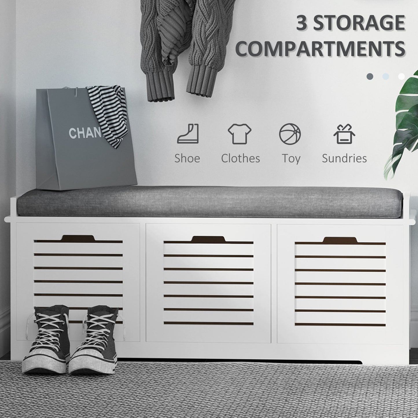 HOMCOM 3-Drawer Shoe Storage Bench - White