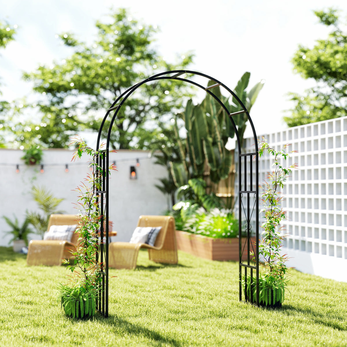 Black steel garden arch with climbing plants growing along both sides