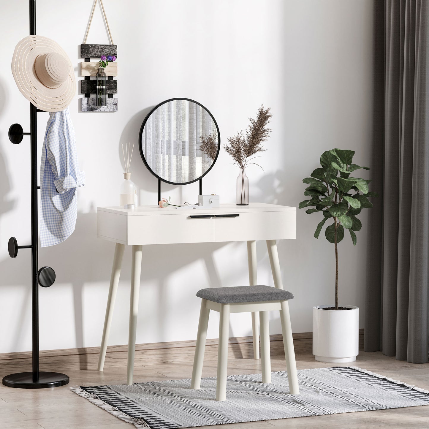 HOMCOM Modern Dressing Table with Round Mirror and Stool, Makeup Vanity Table with 2 Drawers for Bedroom, Living Room, 80 x 40 x 123 cm, White