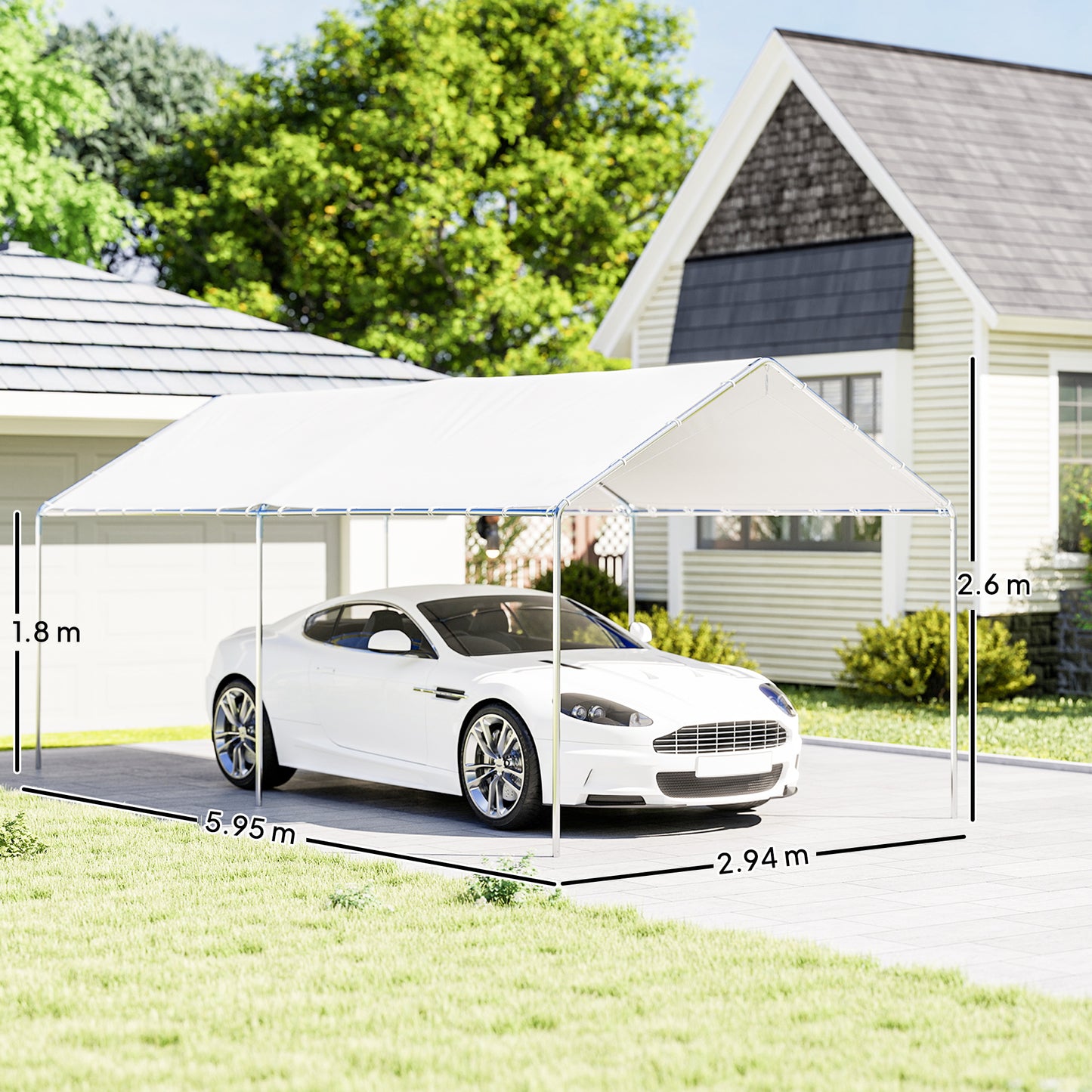 Outsunny 3 x 6m Heavy Duty Carport Garage Car Shelter Galvanized Steel Outdoor Open Canopy Tent Water UV Resistant Waterproof, White