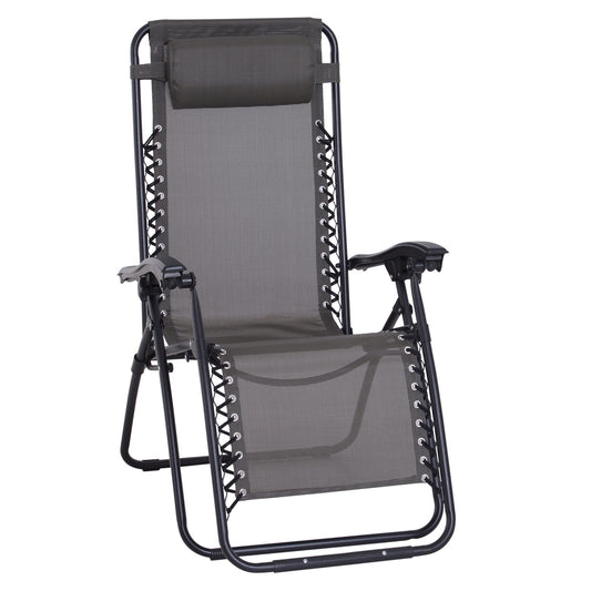 Photo of Outsunny Zero Gravity Chair Metal Frame Texteline Armchair Outdoor Folding and Reclining Sun Lounger with Head Pillow for Patio Decking Gardens Camping, Grey in Grey colour on a white background