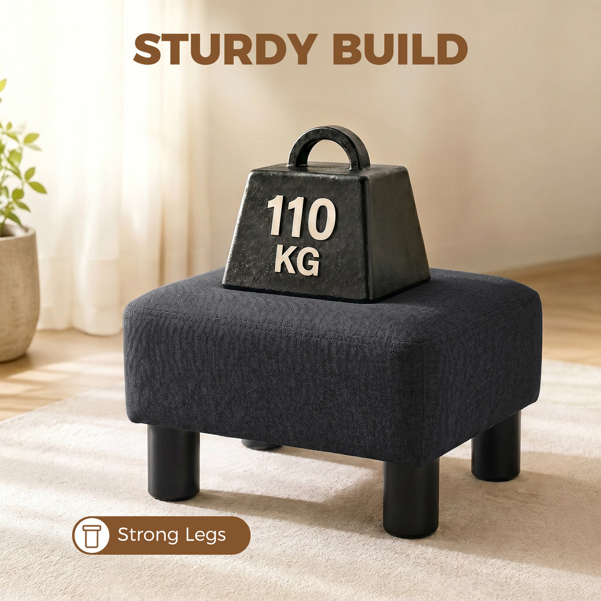 HOMCOM Linen Fabric Footstool Ottoman Cube with 4 Plastic Legs, Black