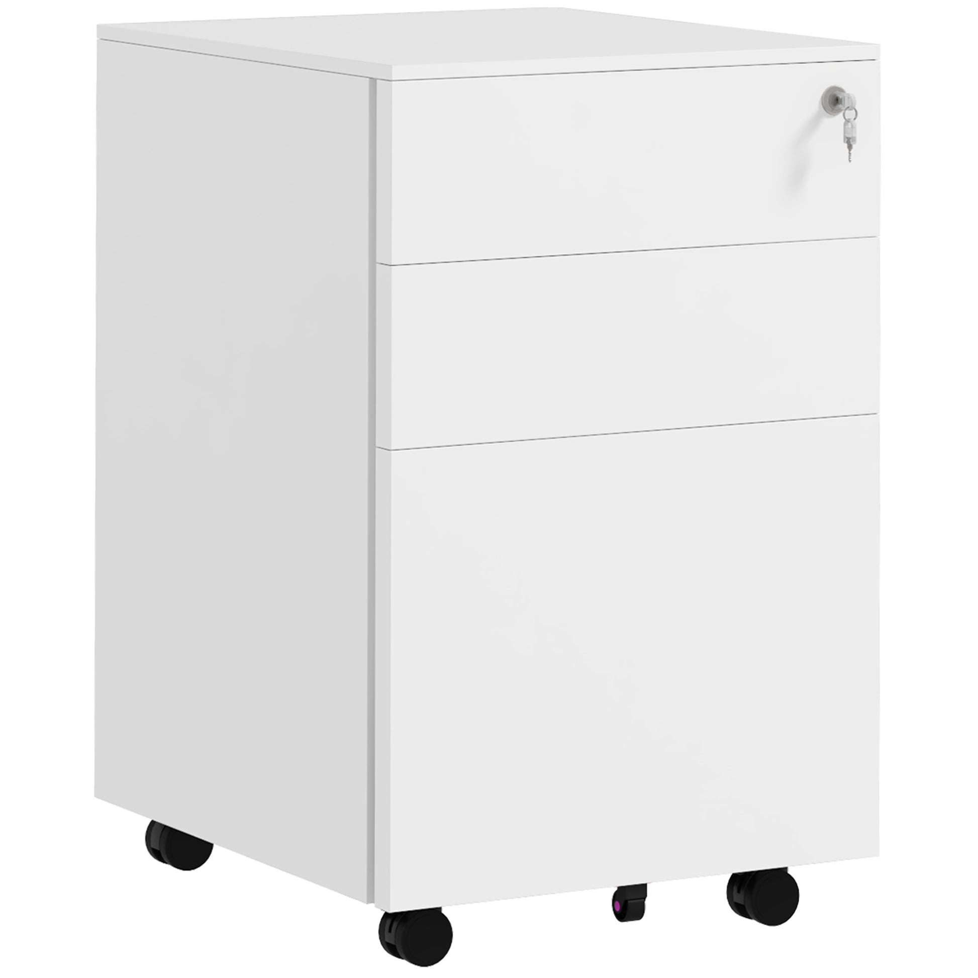 Photo of Vinsetto 3-Drawer Vertical Filing Cabinet with Pencil Tray, Lock and 5 Wheels, Steel Mobile File Cabinet, for A4, Legal and Letter Size, Pre-Assembled Body, White in White colour on a white background