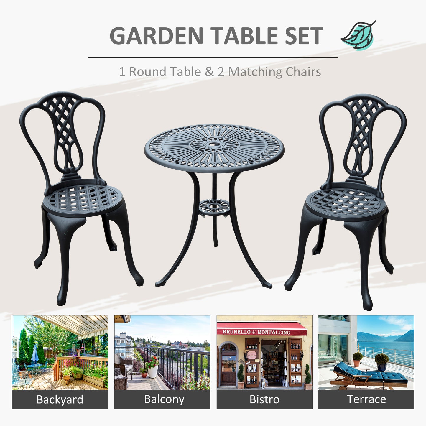 Outsunny 3 Piece Small Patio Furnture Cast Aluminium Bistro Set Garden Outdoor Table and Chairs Shabby Chic Style