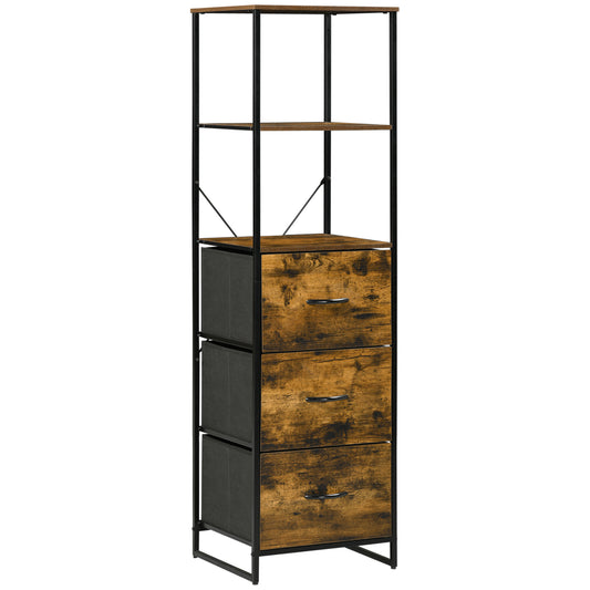 Photo of HOMCOM Industrial Storage Cabinet with 2 Open Shelves and 3 Foldable Fabric Drawers, Multifunctional Bookshelf in Living Room, Study, Bedroom, Rustic Brown in Brown colour on a white background