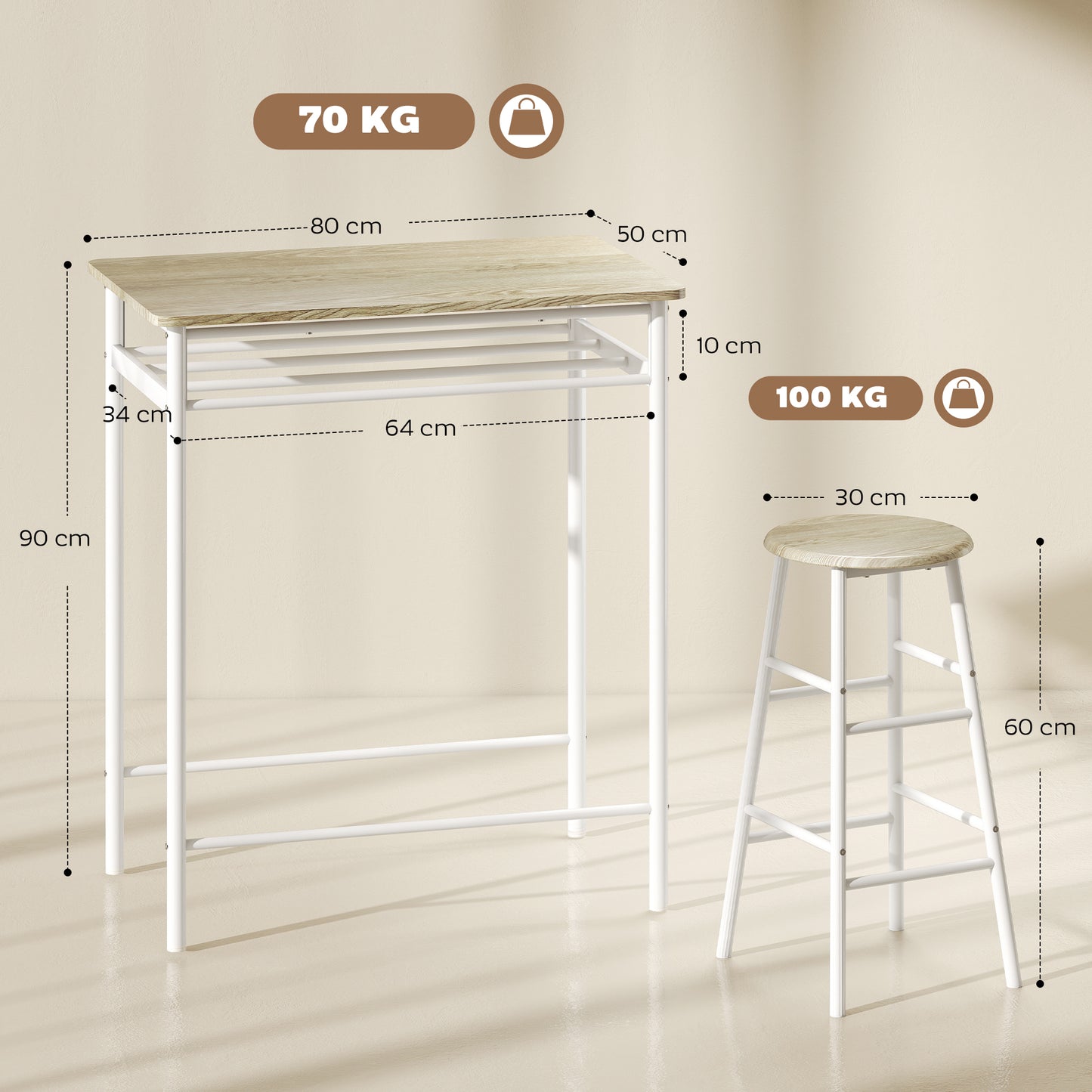 HOMCOM Bar Table Set, Bar Table and Stools Set, Footrest and Storage Shelf, for Kitchen, Dining Room, Pub, Cafe, White and Oak
