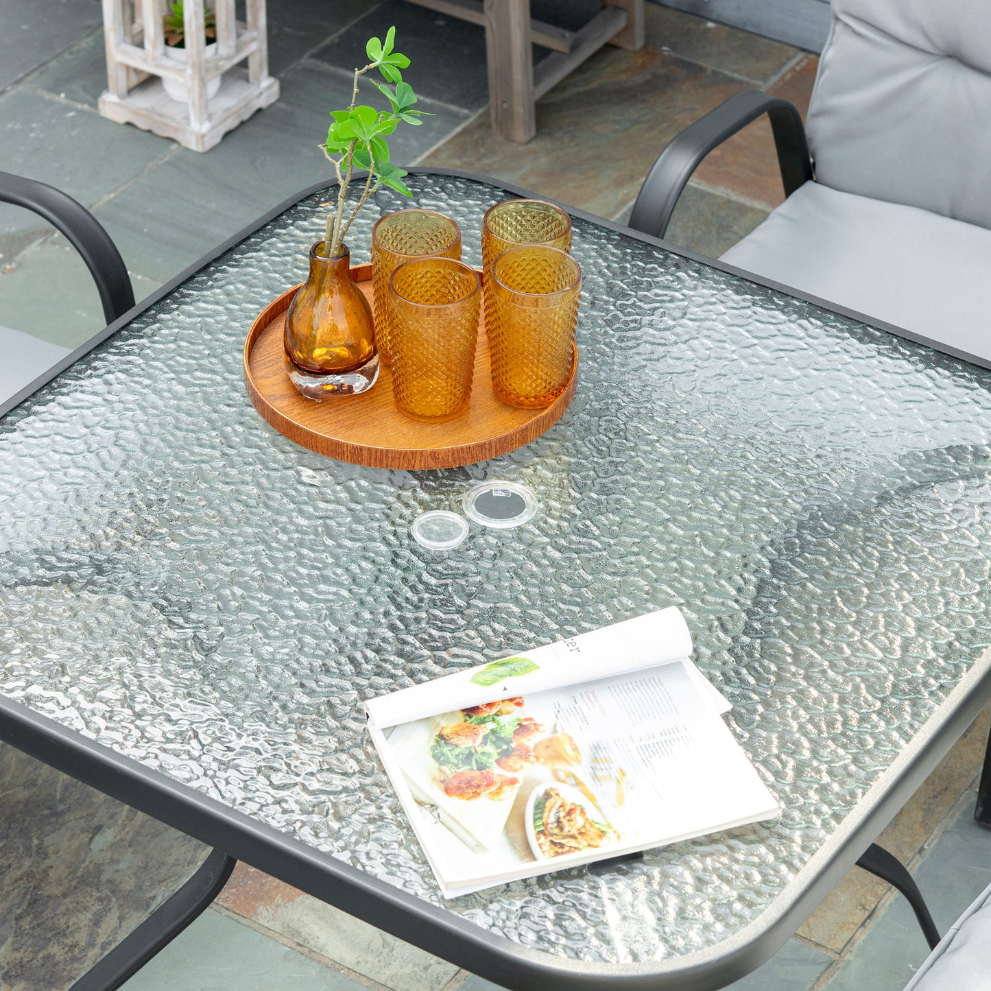 Outsunny 5 Pieces Outdoor Square Garden Dining Set w/ Tempered Glass Dining Table 4 Cushioned Armchairs, Umbrella Hole, Grey