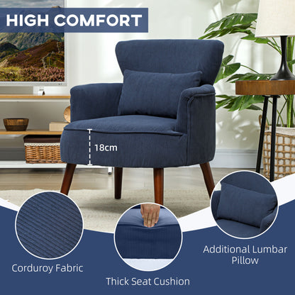 Blue accent chair featuring corduroy upholstery, thick seat cushion, and lumbar pillow
