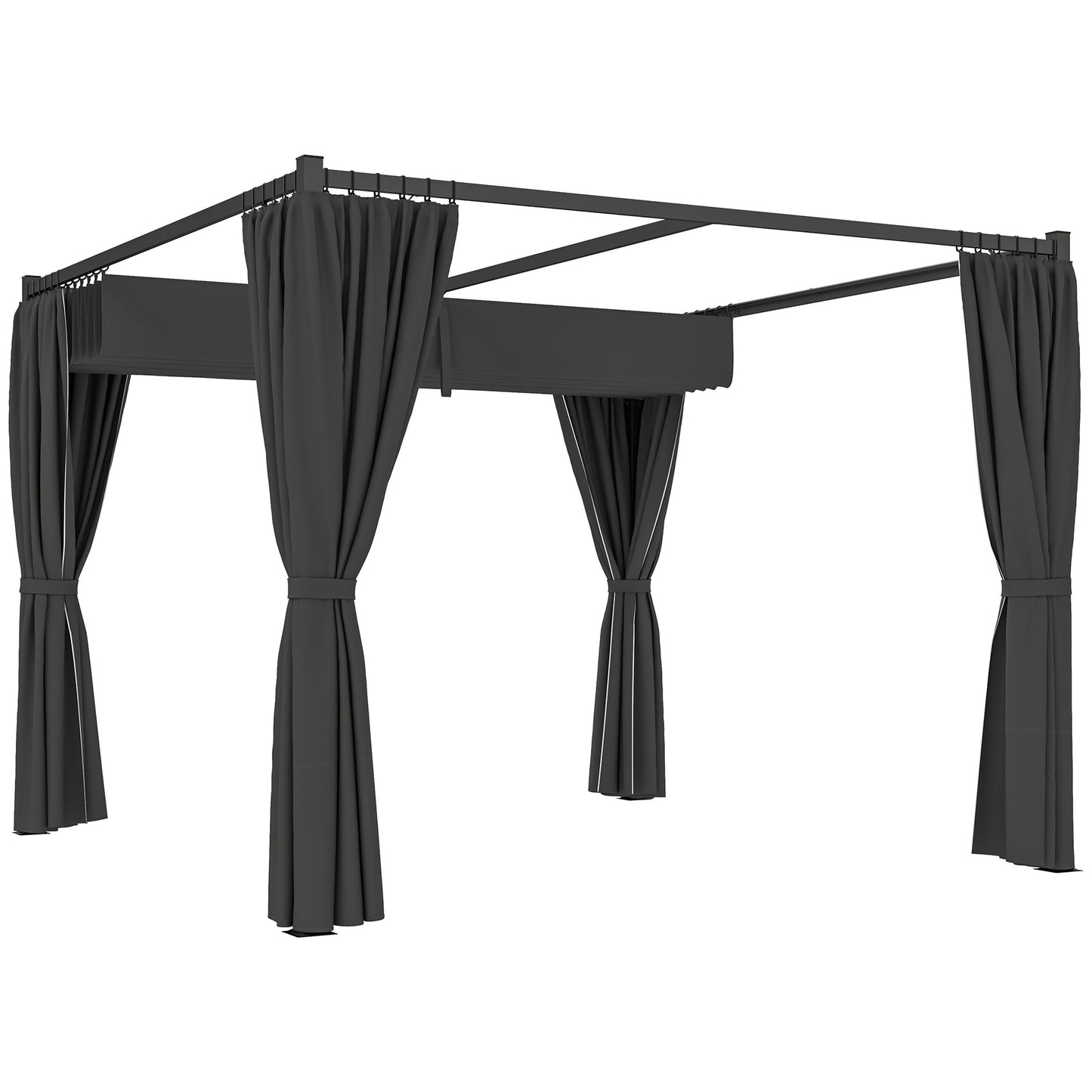 Photo of Outsunny 3 x 3(m) Retractable Pergola, Garden Gazebo Shelter with Curtains, for Grill, Patio, Deck, Charcoal Grey in Grey colour on a white background