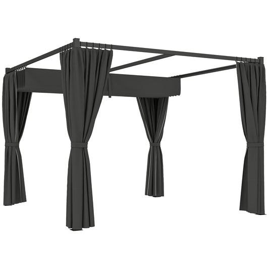 Photo of Outsunny 3 x 3(m) Retractable Pergola, Garden Gazebo Shelter with Curtains, for Grill, Patio, Deck, Charcoal Grey in Grey colour on a white background