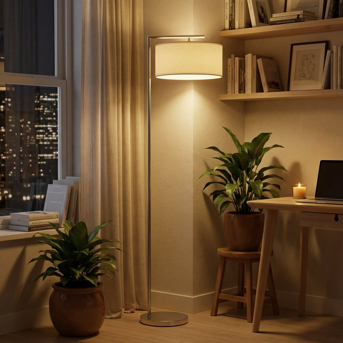 HOMCOM Floor Lamp, Modern Standing Lamp with Linen Lampshade, Round Base for Living Room, Bedroom, Dining Room, 153cm, Silver Tone