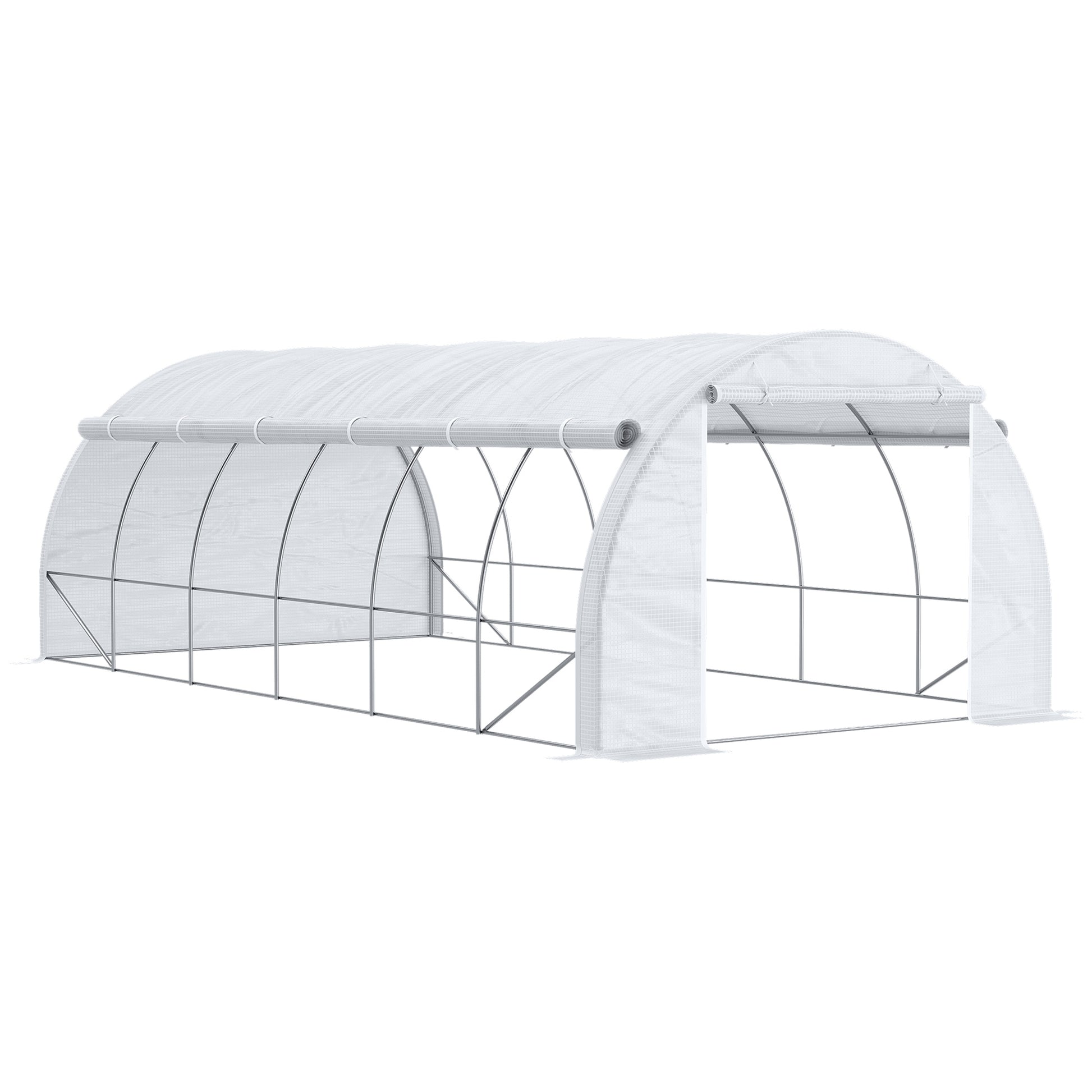Photo of Outsunny 6 x 3 x 2 m Polytunnel Greenhouse with Roll-up Side Walls, Walk-in Grow House Tent with Steel Frame, Reinforced Cover, Zipped Door and 12 Mesh Windows for Garden, White in White colour on a white background