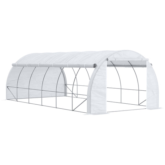 Photo of Outsunny 6 x 3 x 2 m Polytunnel Greenhouse with Roll-up Side Walls, Walk-in Grow House Tent with Steel Frame, Reinforced Cover, Zipped Door and 12 Mesh Windows for Garden, White in White colour on a white background