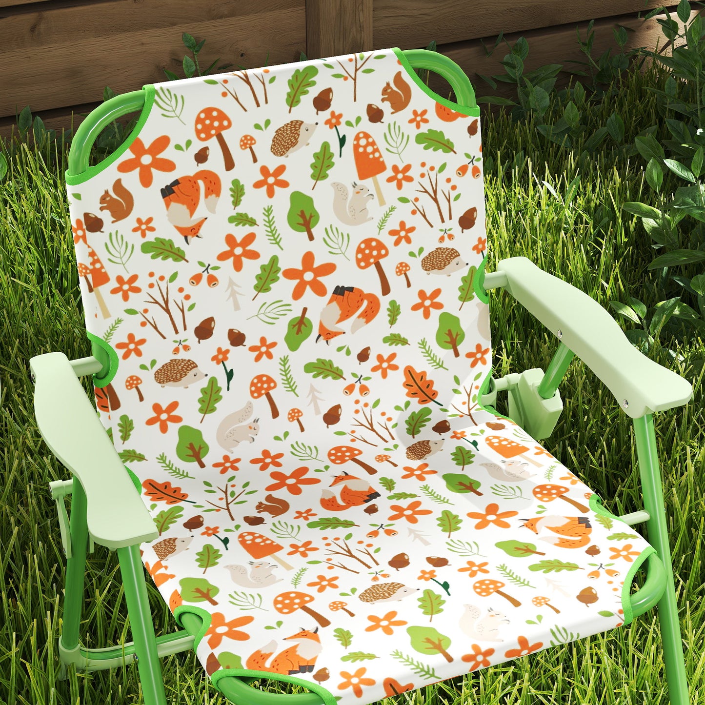 AIYAPLAY 4-Piece Kids Garden Table and Chair Set with Adjustable Parasol, Folding Chairs, Table, Nature Pattern, Green