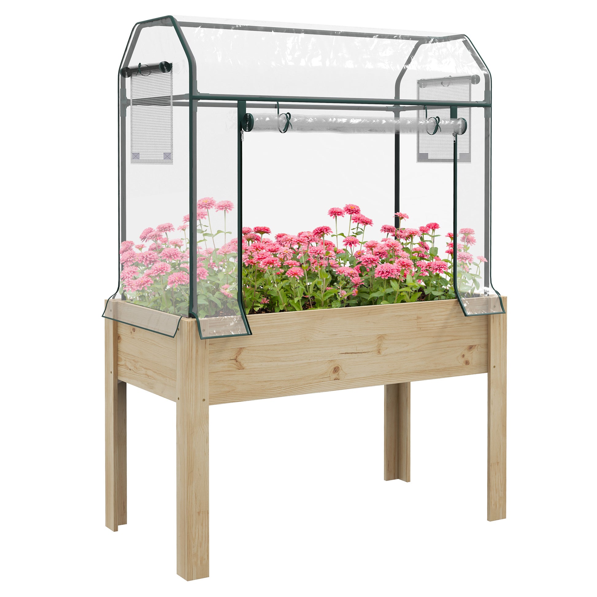 Photo of Outsunny Wooden Planter Box with Greenhouse Cover and Bed Liner, Raised Garden Bed for Vegetables, Flowers, Herbs in Herbs colour on a white background