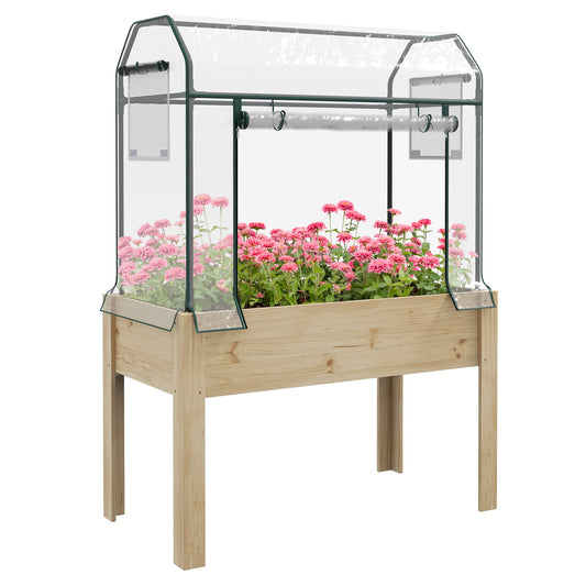 Photo of Outsunny Wooden Planter Box with Greenhouse Cover and Bed Liner, Raised Garden Bed for Vegetables, Flowers, Herbs in Herbs colour on a white background