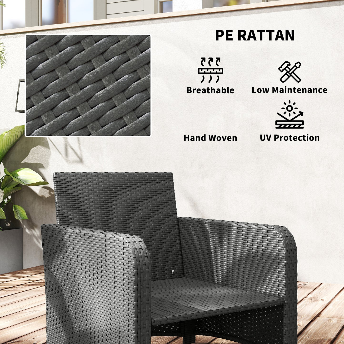 Outsunny Five Piece Rattan Garden Furniture Set with 2-Tier Coffee Table and Ottomans - Grey
