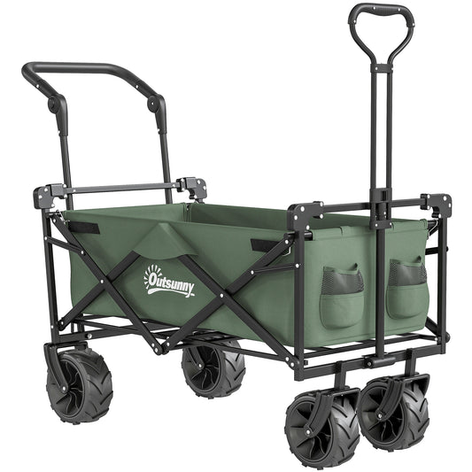 Photo of Outsunny 180L Festival Trolley on Wheels, Push & Pull Beach Cart with Removable Canopy, Wide All-Terrain Wheels, Folding Camping Trolley Cart, Adjustable Handle for Garden Fishing Shopping, Green in Green colour on a white background