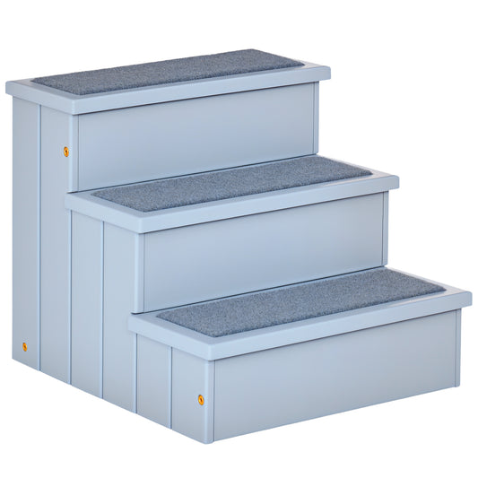 PawHut gray wooden pet stairs with three carpeted treads