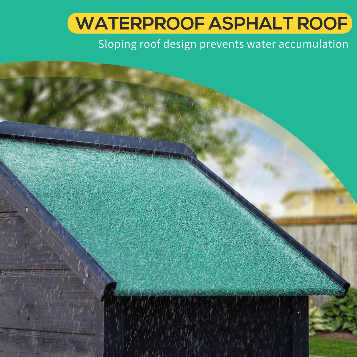Outsunny garden shed with sloped green asphalt roof and dark edging