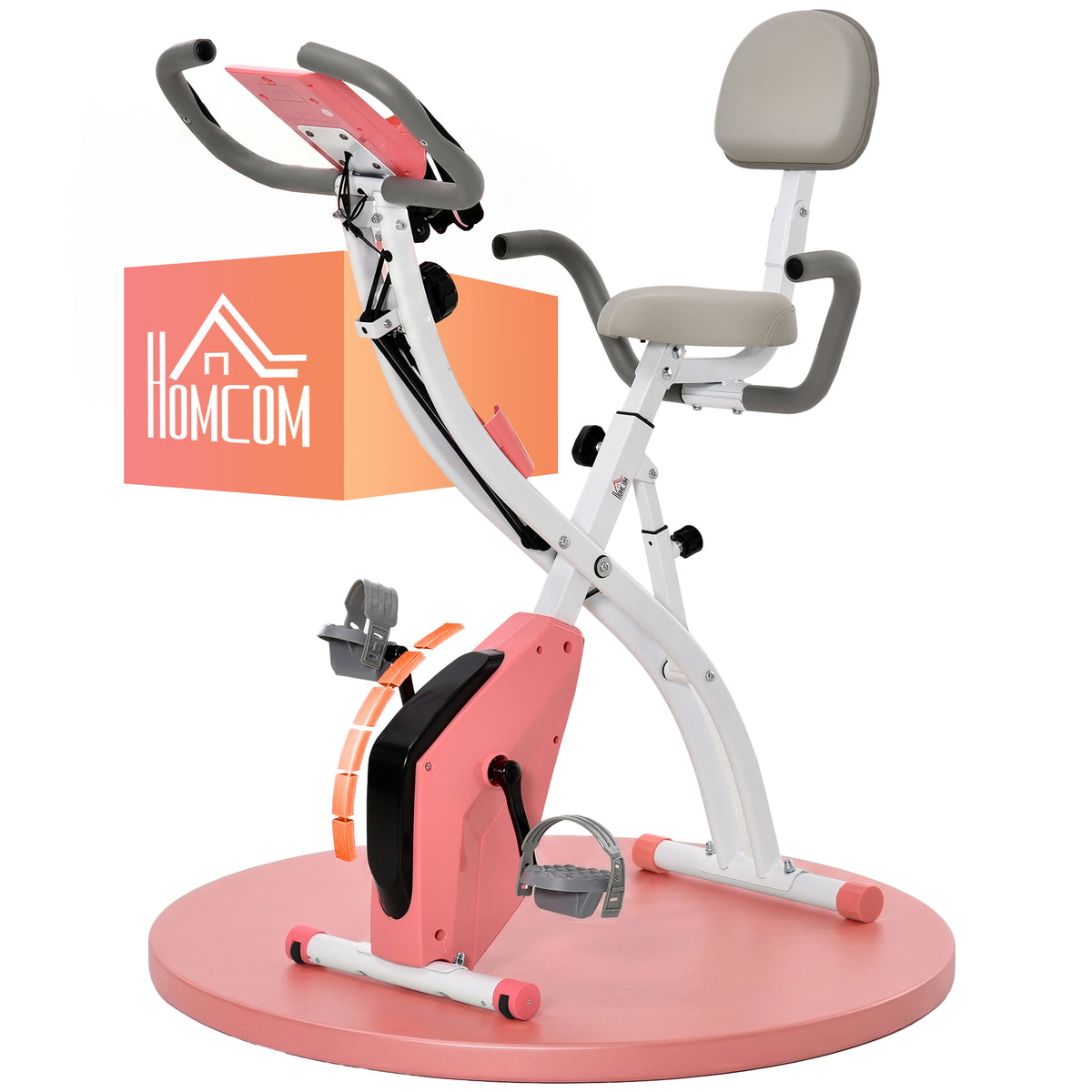 Pink and white HOMCOM folding exercise bike with padded seat, backrest, pedals, and handlebars.