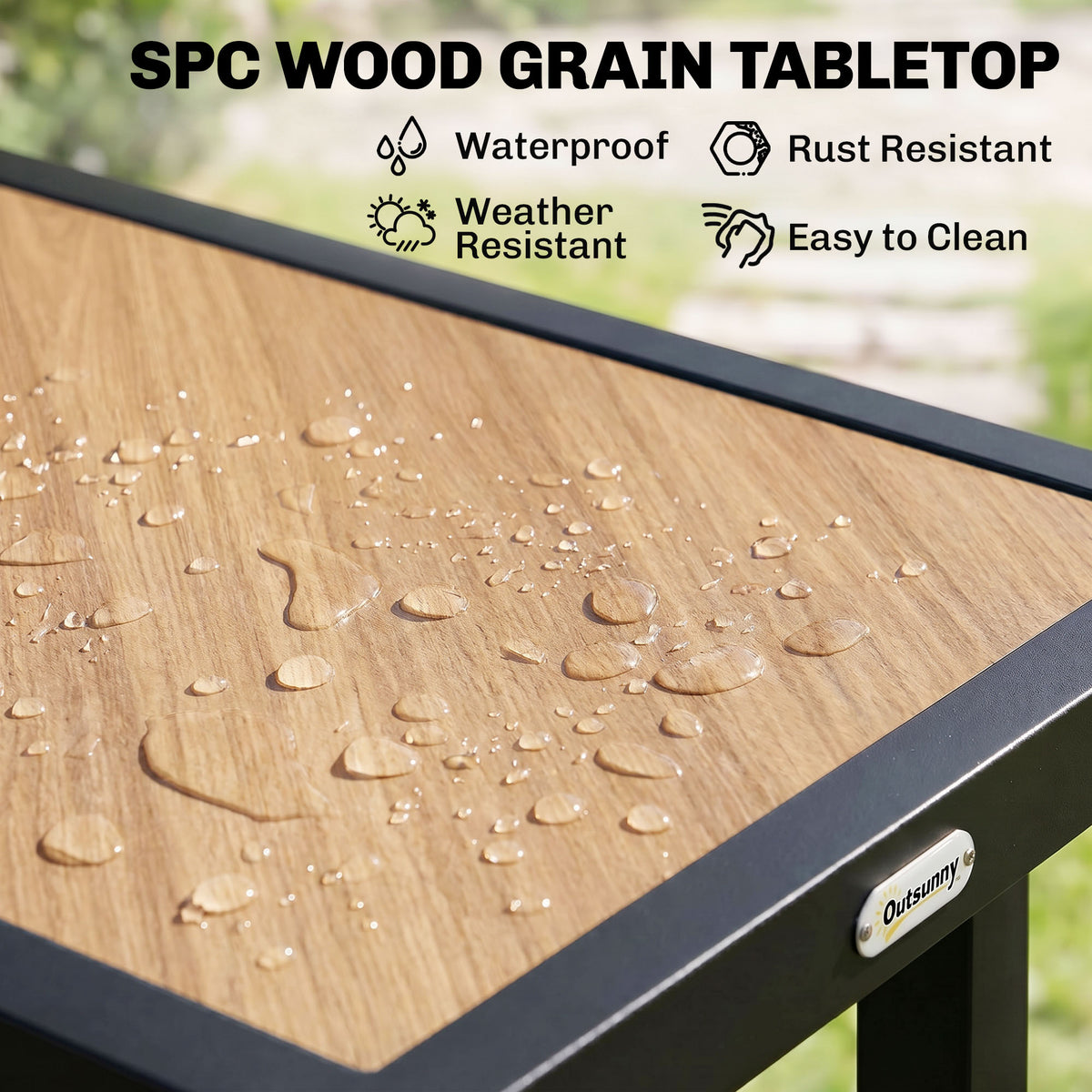 Outsunny coffee table woodgrain tabletop with water droplets and black metal edging