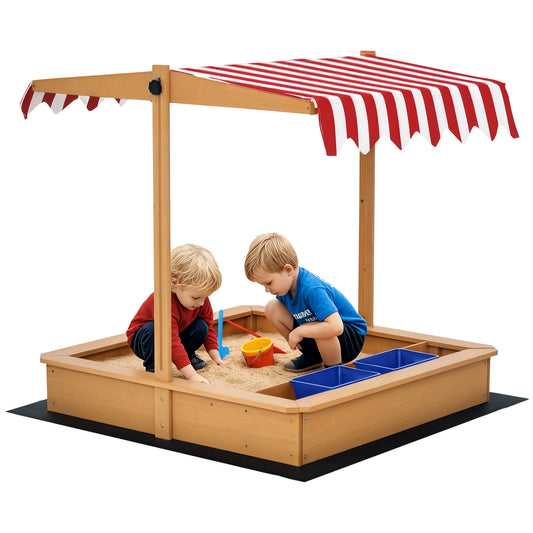 Photo of Outsunny Sand Pit Kids Wooden Sandbox with Cover Children Sandpit Play Station Height Adjustable with Canopy, Bottom Liner, Plastic Basins for Outdoor Aged 3-7 Years in Years colour on a white background