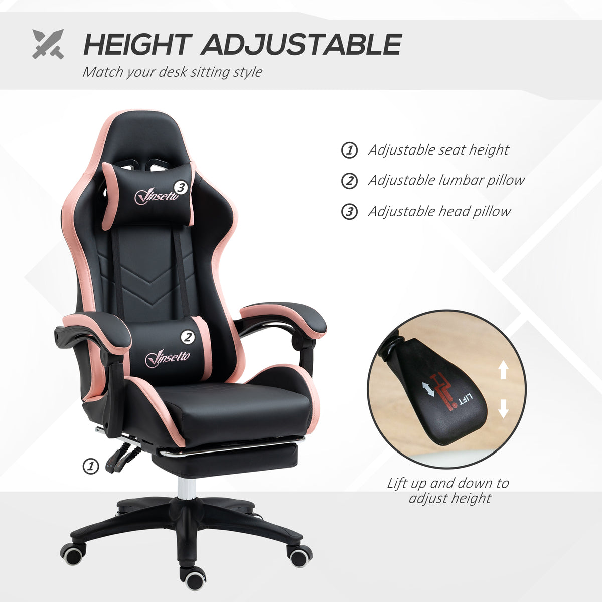 Vinsetto Gaming Chair, Computer Gamer Chair with Reclining High Back, Headrest, Lumbar Support, Footrest, Swivel Wheels, PU Leather, Adjustable Height for Home, Black and Pink