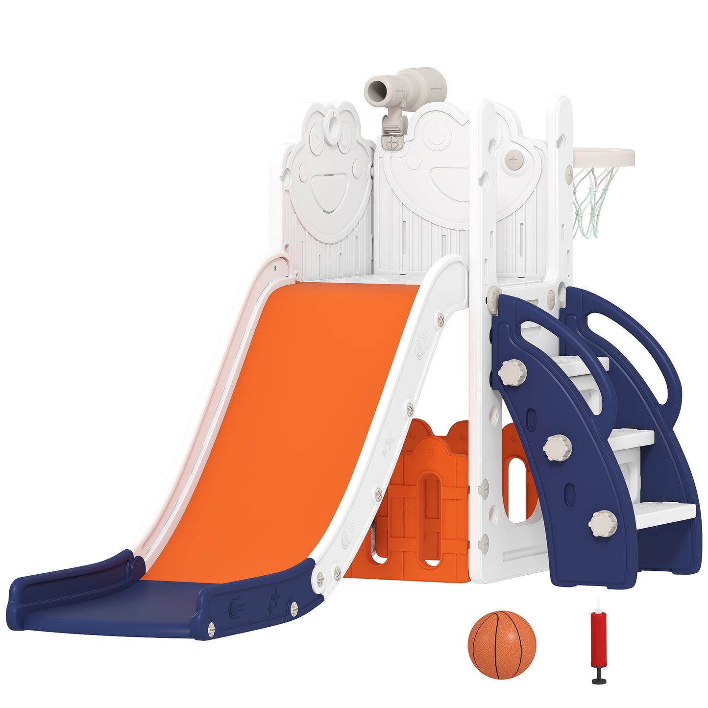 Photo of AIYAPLAY 5 in 1 Kids Slide Set with Basketball Hoop, Climbing Frame, Telescope, Storage Box for Toddlers Ages 1-3, Orange in Orange colour on a white background