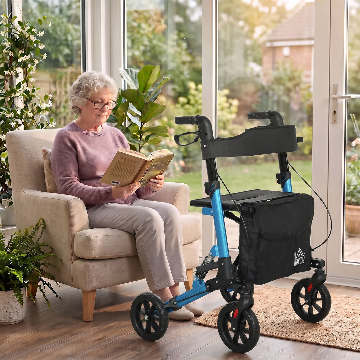 HOMCOM blue rollator with black seat, backrest and storage bag
