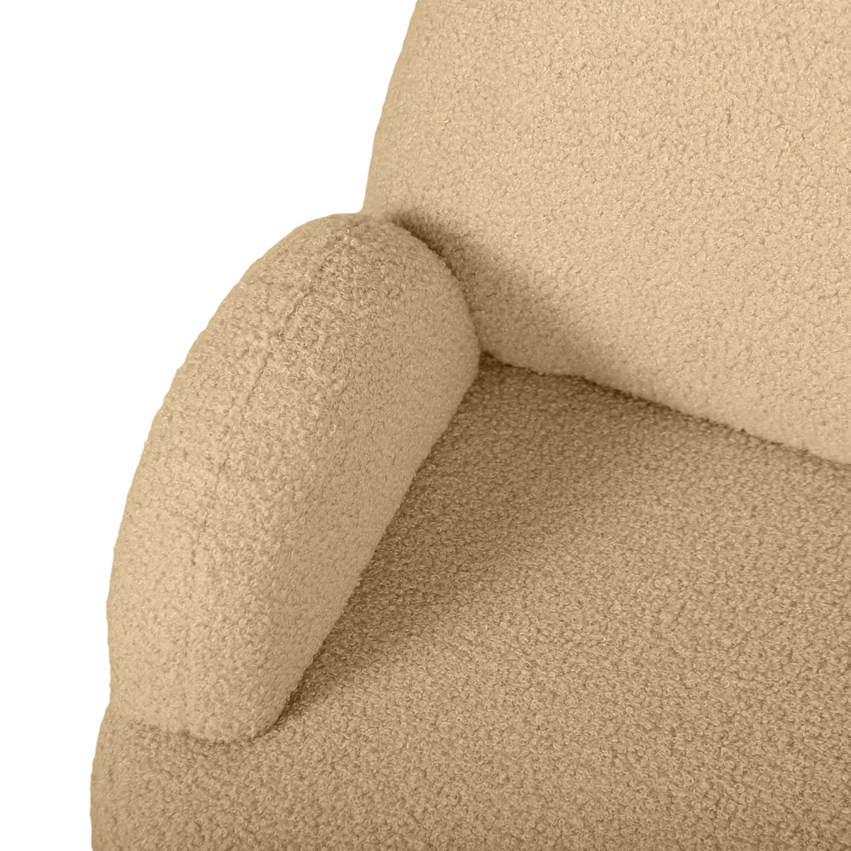 Close-up of the khaki armchair's textured upholstery, seat, and cushioned arm
