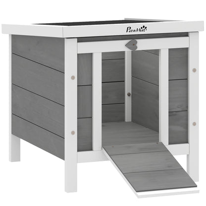 PawHut wooden rabbit hutch with grey panels, white frame, open roof, and ramp