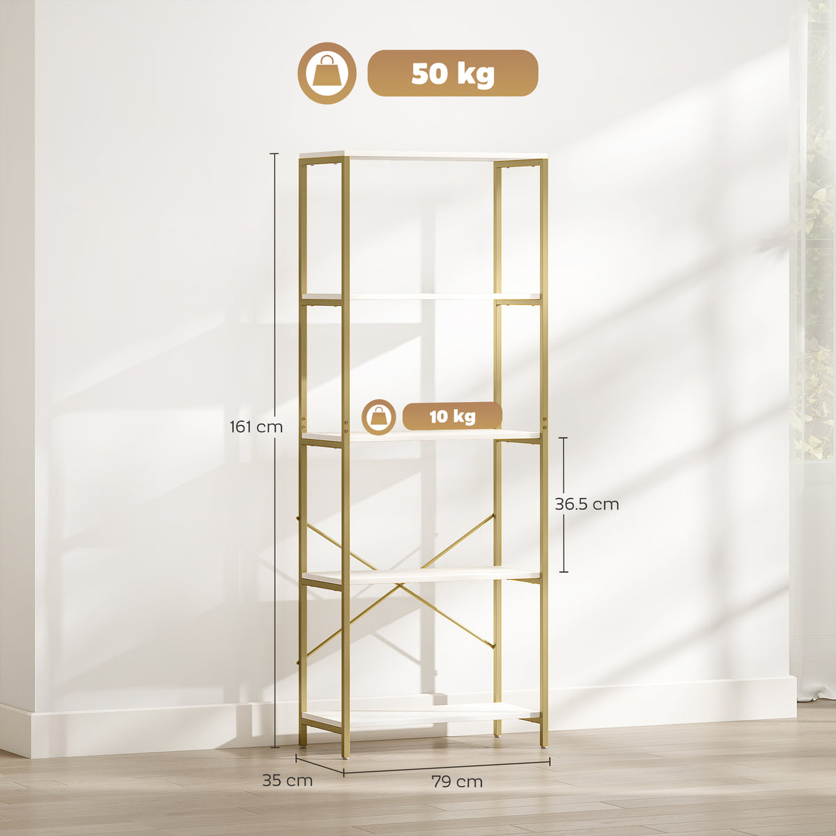 HOMCOM 5-Tier Bookshelf, Modern Bookcase with Metal Frame - White and Gold Tone