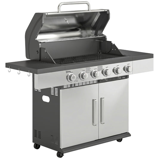 Photo of Outsunny 6 Burner Liquid Propane Gas BBQ Grill, Outdoor Portable Gas Barbecue Grill with Warming Rack, Side Tables, Cabinet in Cabinet colour on a white background
