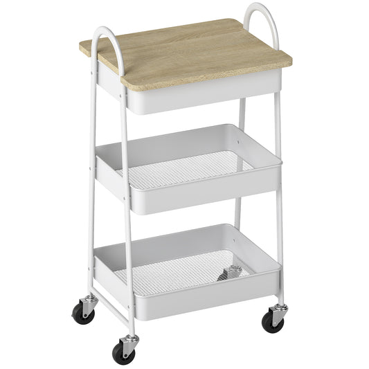 Photo of HOMCOM 3-Tier Kitchen Storage Trolley with on Wheels Cover Top Board - White and Oak in Oak colour on a white background